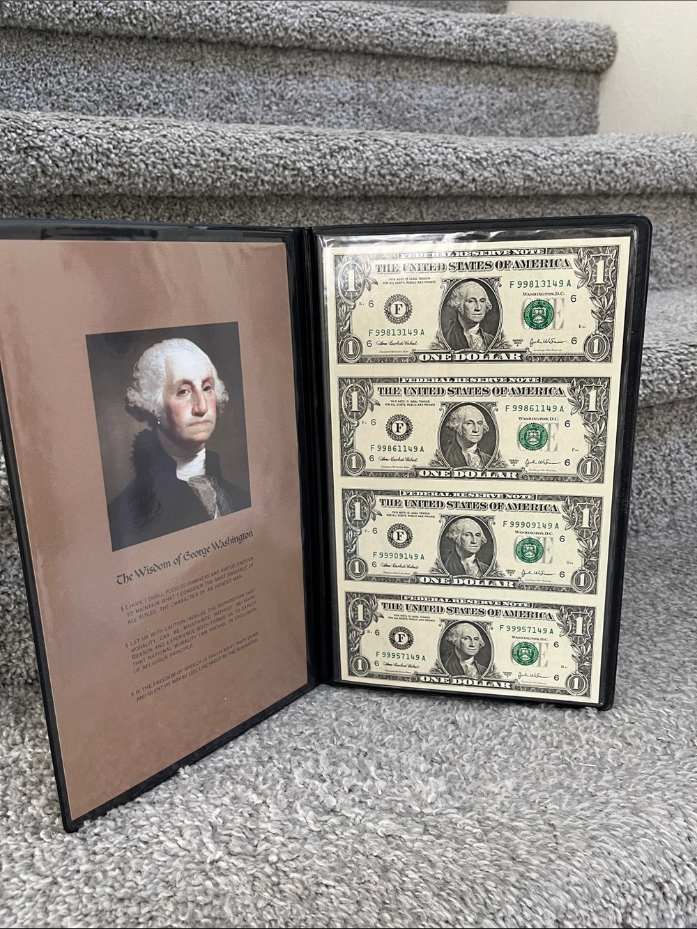 George Washington Uncut sheet Dollar Bill Display Book in Black